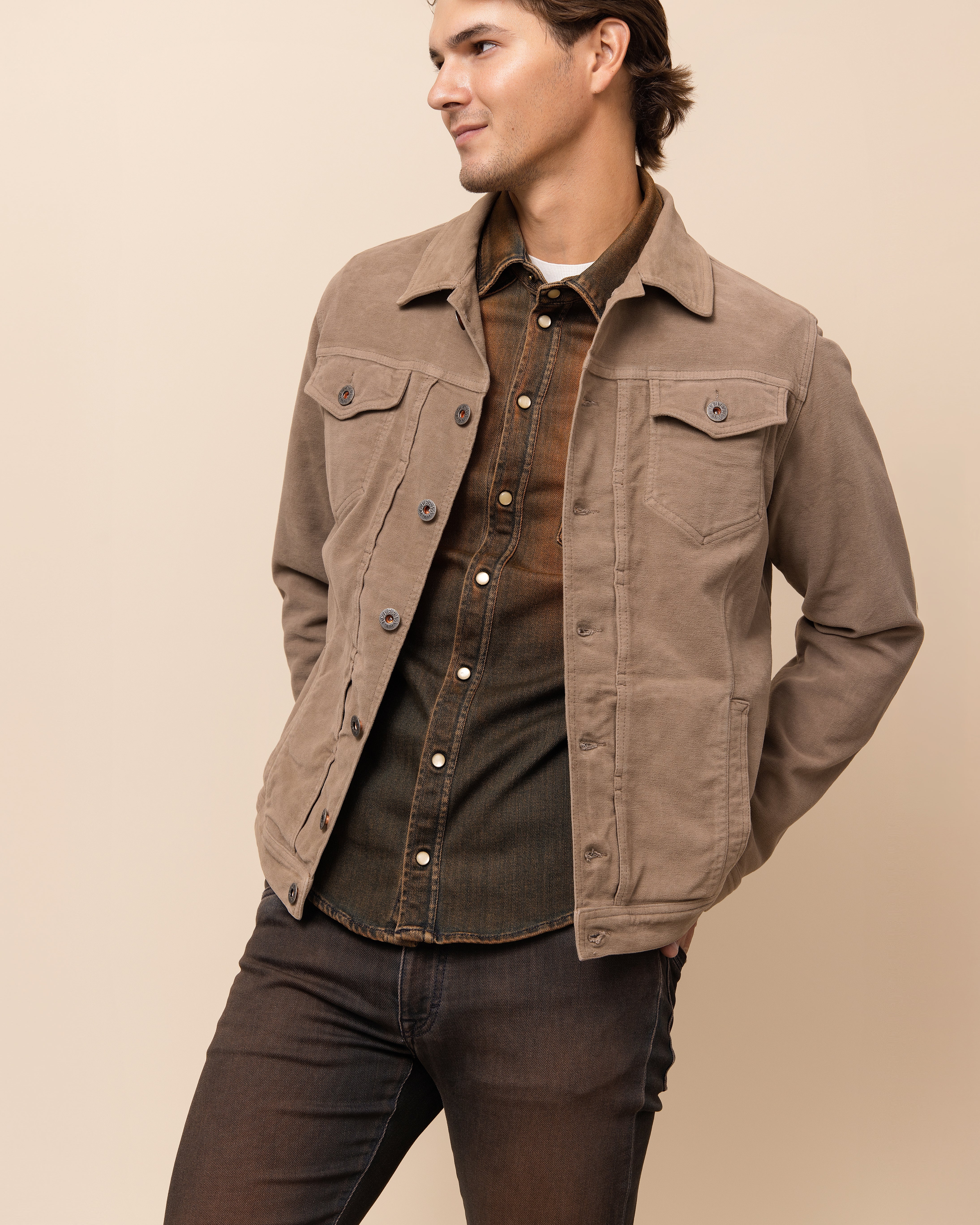 Men's HYDE Russell Western Jacket in Tortora moleskin — slim-modern fit with elastane stretch for mobility and shape retention, made in Italy
