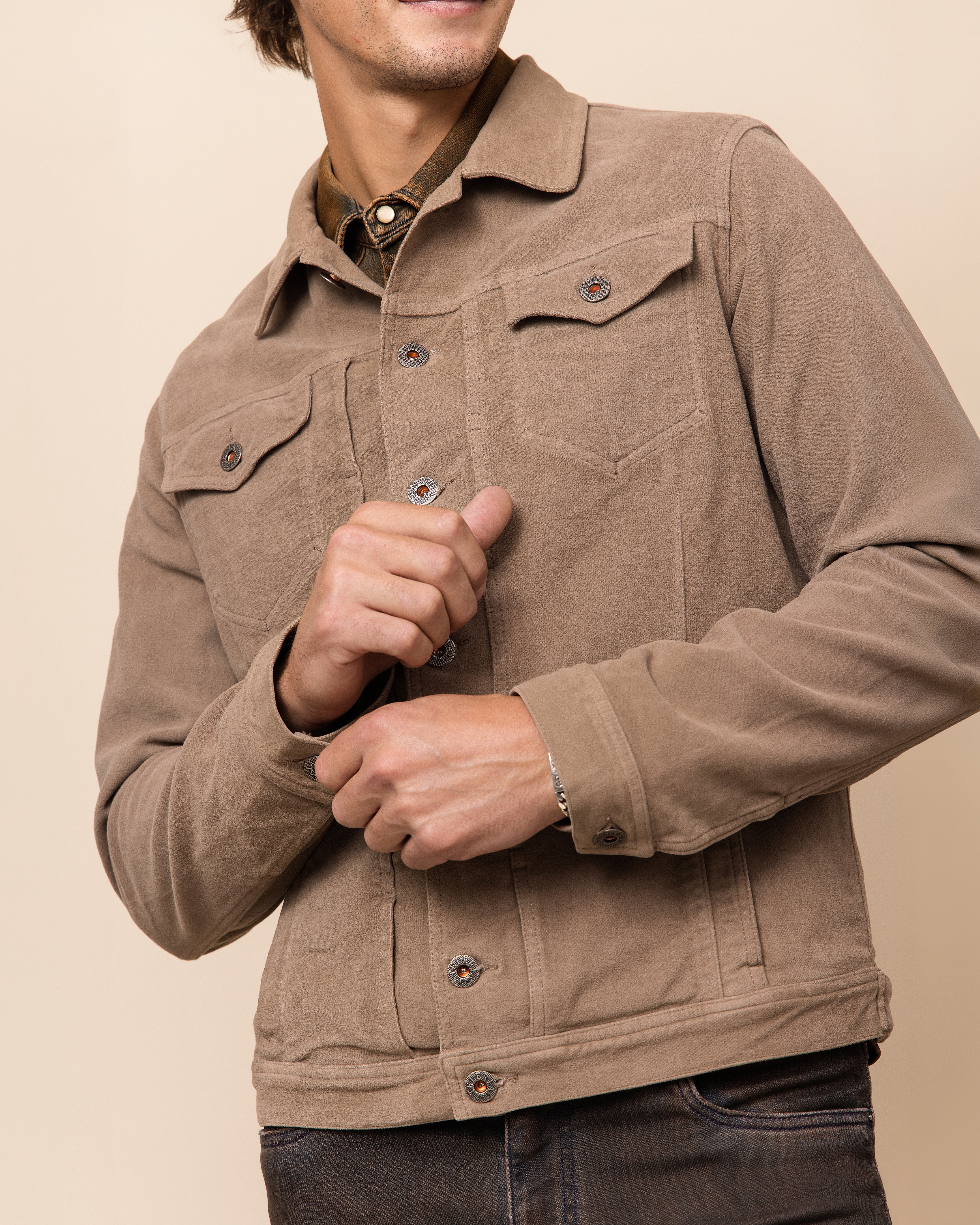 HYDE Russell Western Jacket, Tortora Italian moleskin — antique-finish snap hardware and Western back yoke detailing by Teleria Zed