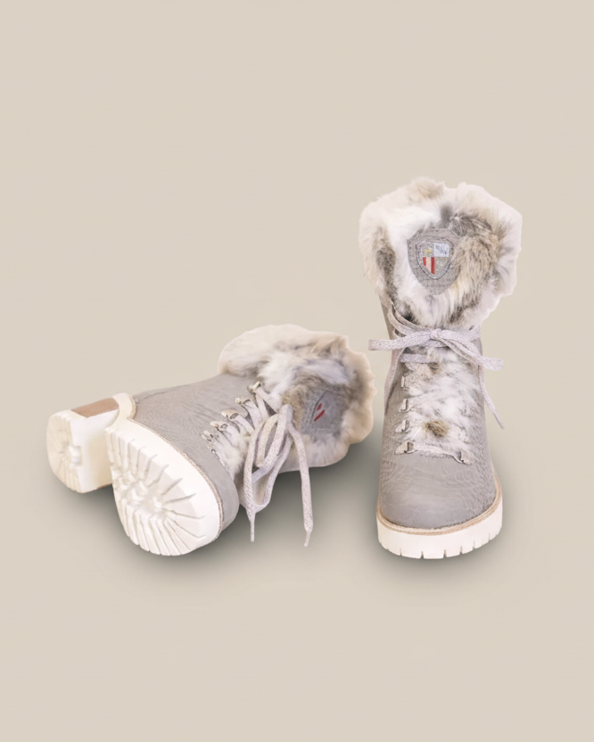 Gray high-top sneakers with fur lining on a white background