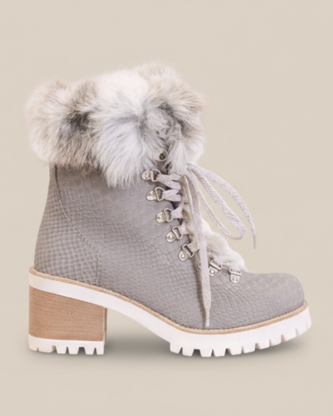 Gray winter boot with fur trim on a white background