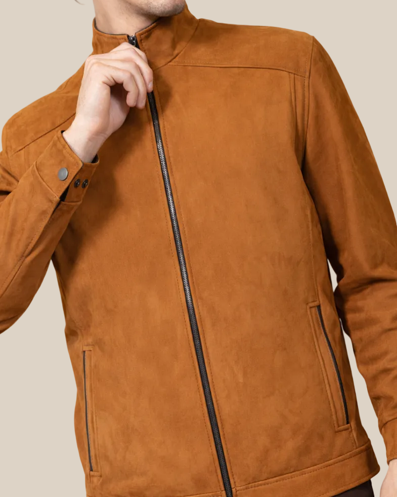 Brown suede jacket with a zipper on a white background