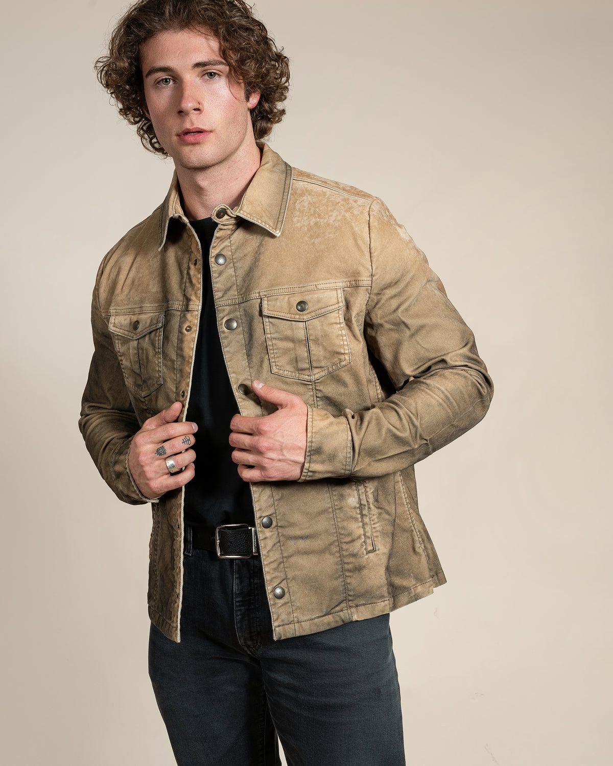 HYDE Sawyer Jacket in Desert, men's Italian cotton trucker jacket, front view showing the snap-front placket and pointed collar.