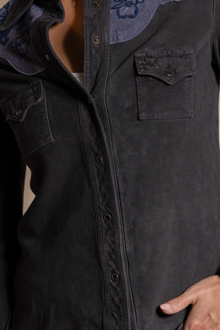 Close-up of a dark jacket with button details on a neutral background