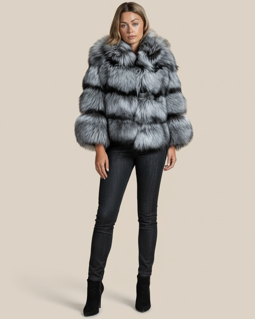 Woman wearing a gray fur coat against a beige background