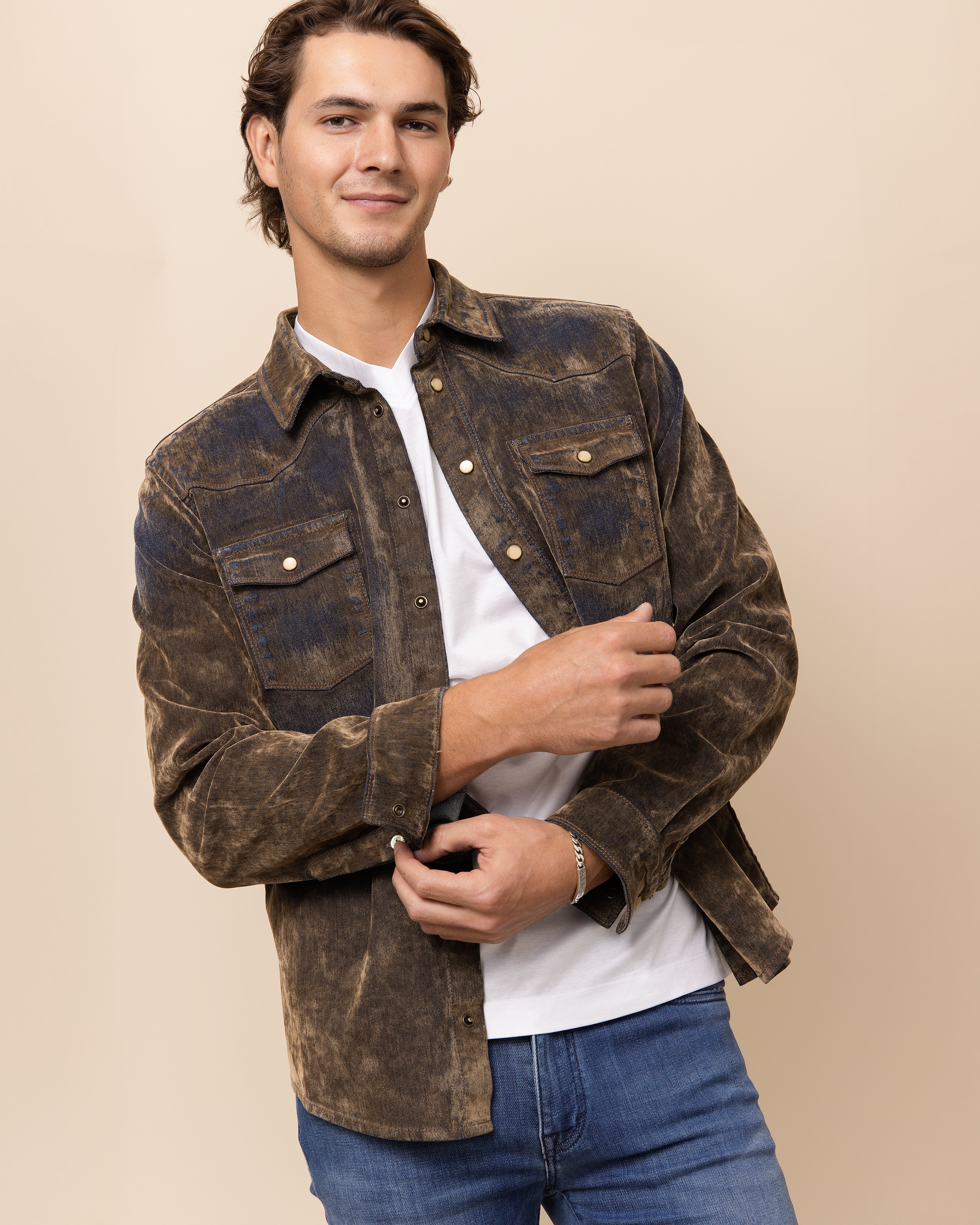 Men's HYDE Silverado Sandblast Snap Shirt — modern tailored western silhouette in soft, broken-in overdyed Tanned Denim, made in Italy