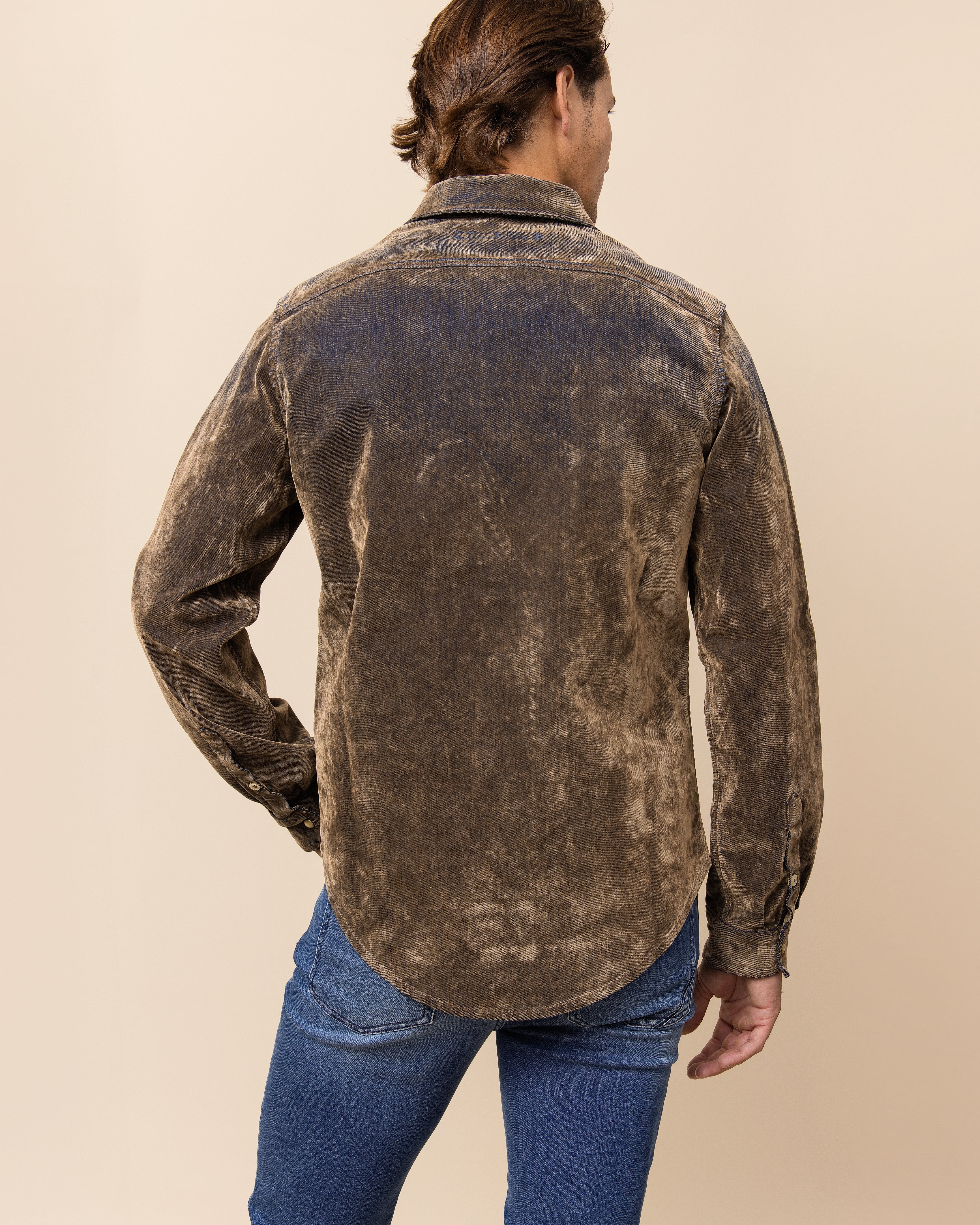 Tanned Denim HYDE Silverado western snap shirt — hand-finished sandblast treatment creating faded tonal depth across premium overdyed cotton denim