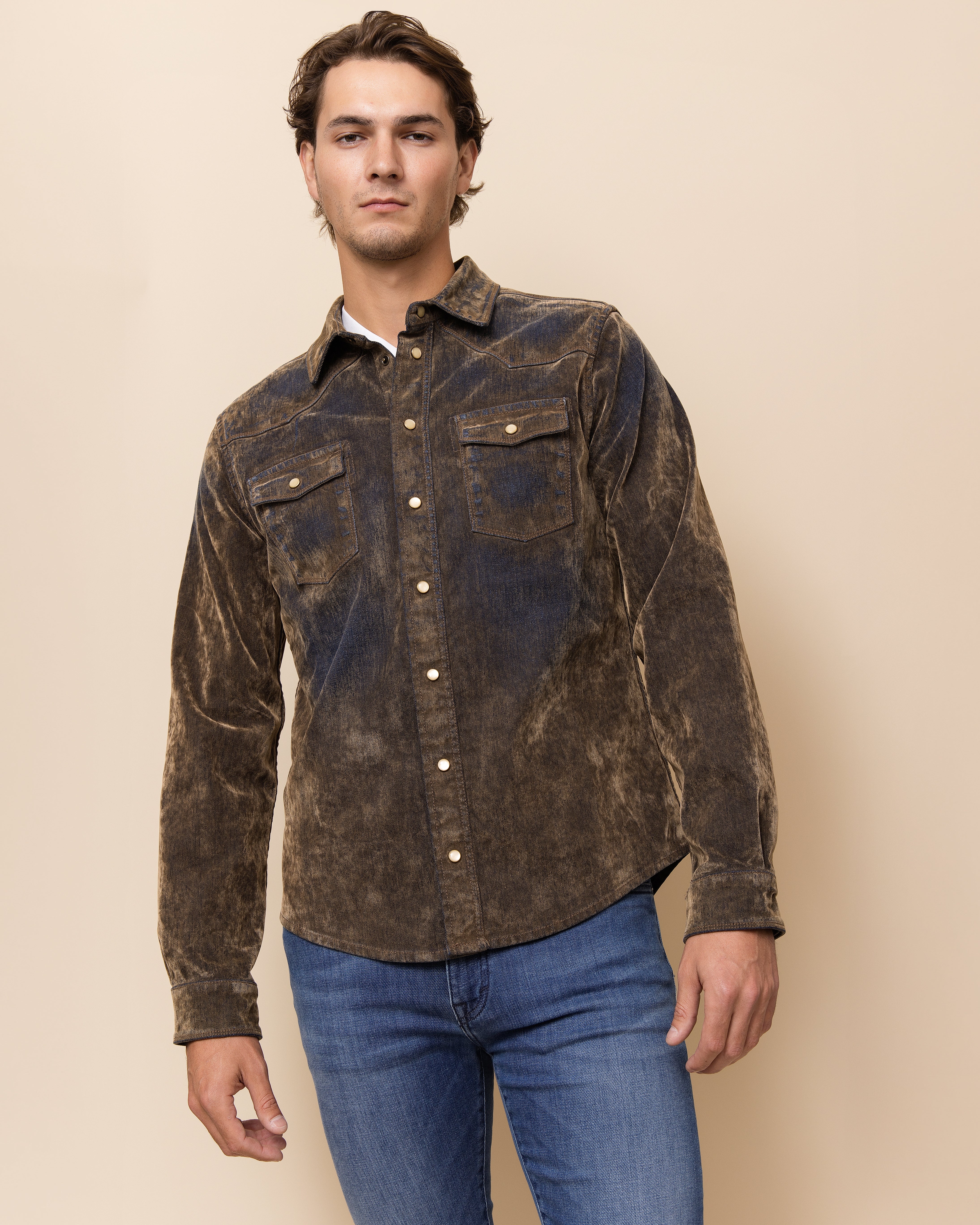 HYDE Silverado snap shirt in Tanned Denim — western front and back yokes with dual snap chest pockets on individually sandblasted Italian denim