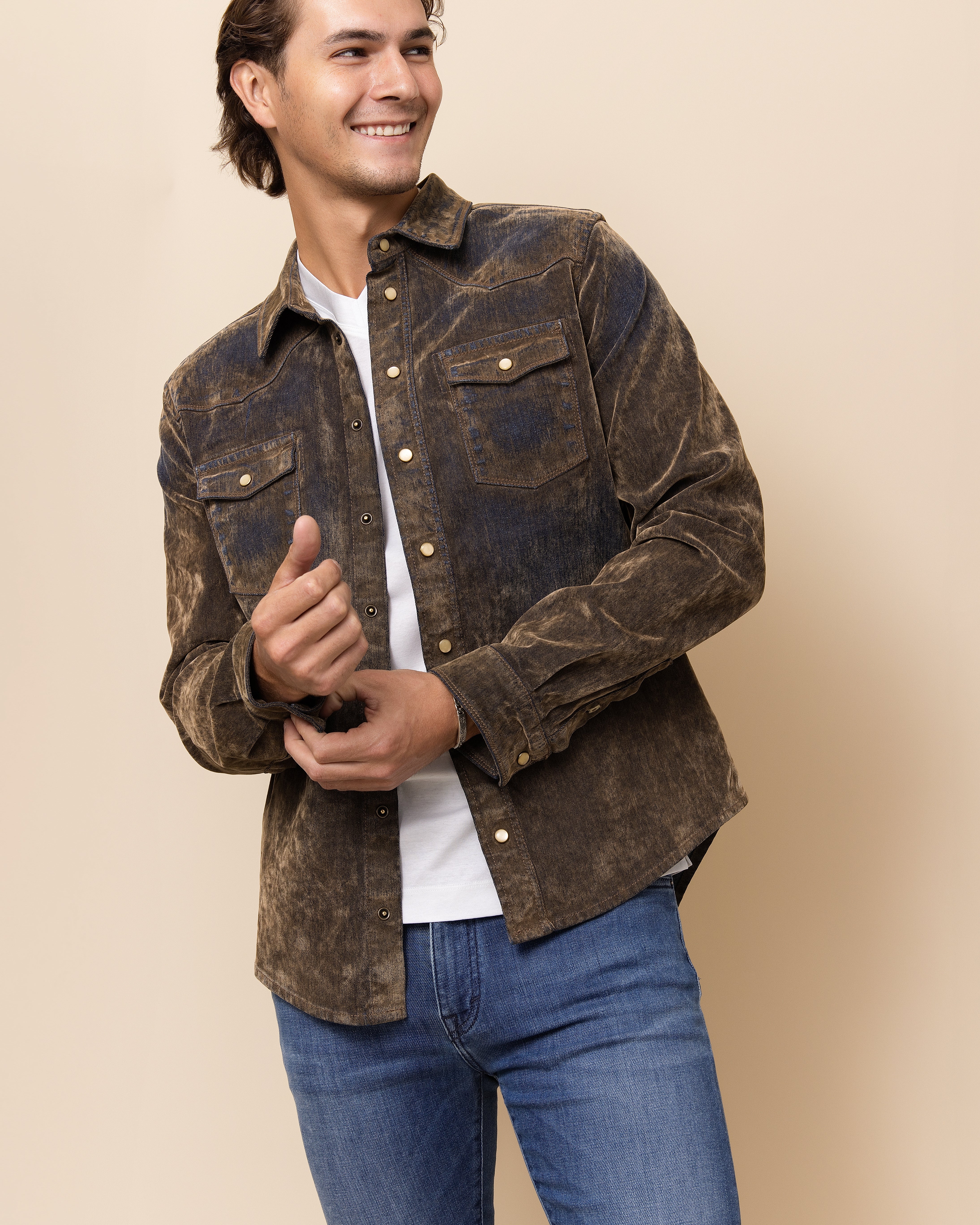 HYDE Silverado Sandblast Snap Shirt in Tanned Denim — men's luxury Italian western shirt in overdyed cotton denim with pearl snap front, crafted by Teleria Zed