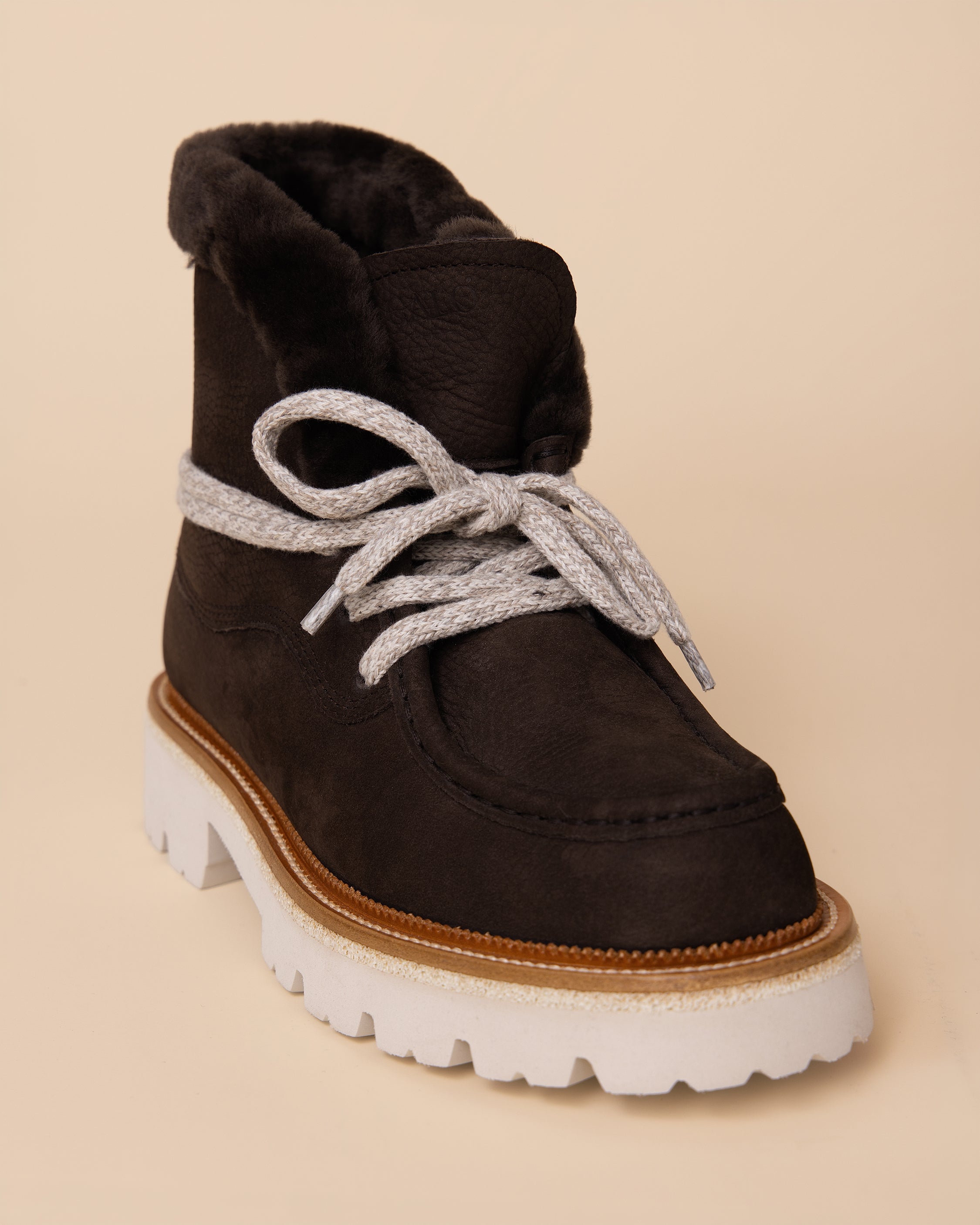 HYDE Sofia women's boot in dark brown nabuk, side profile with lightweight lugged sole