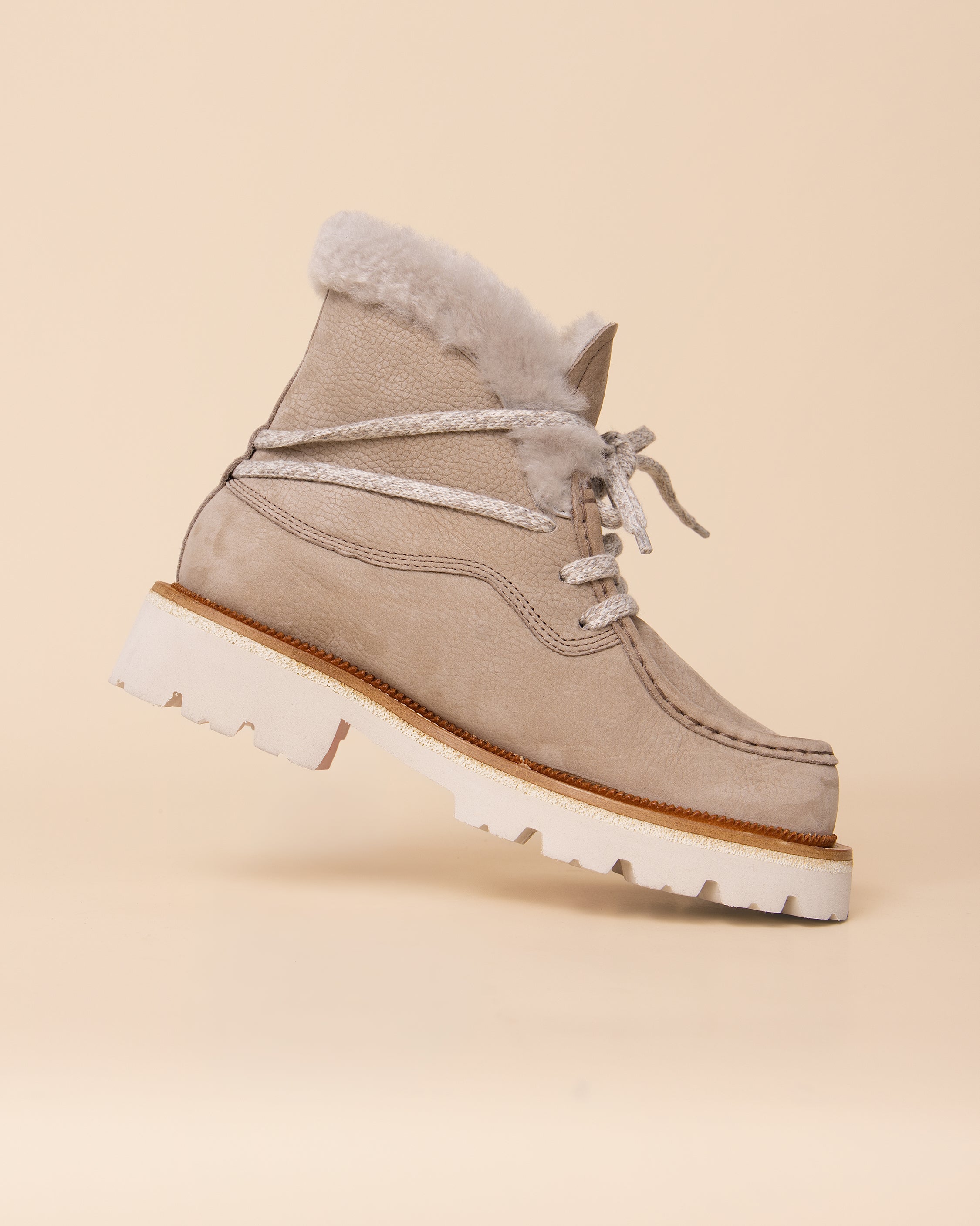 HYDE Sofia nabuk stivaletto in taupe, women's Italian fur-lined lace-up ankle boot