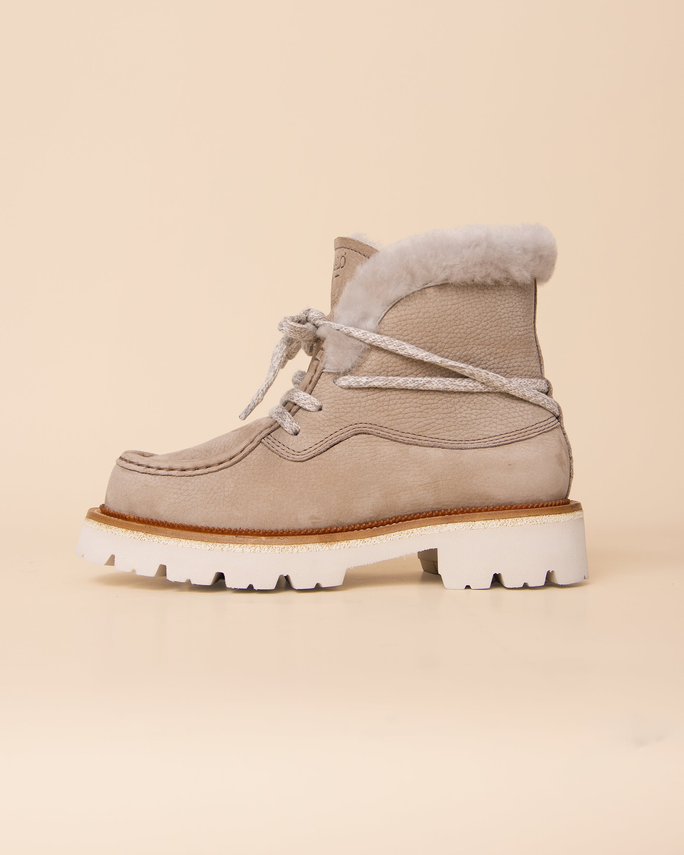 Taupe Italian nabuk stivaletto by HYDE, close view of soft matte grey-brown leather and tonal laces