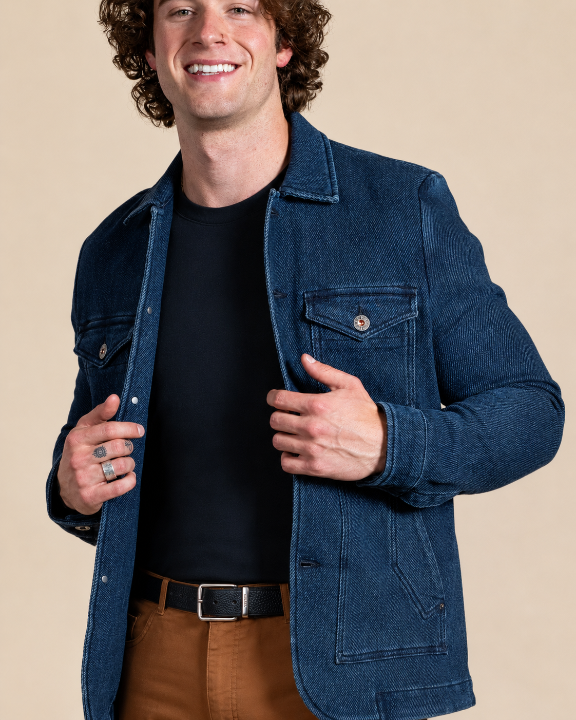 HYDE Tennessee chore jacket in blue, front styling shot — Italian cotton-blend Western jacket by Teleria Zed