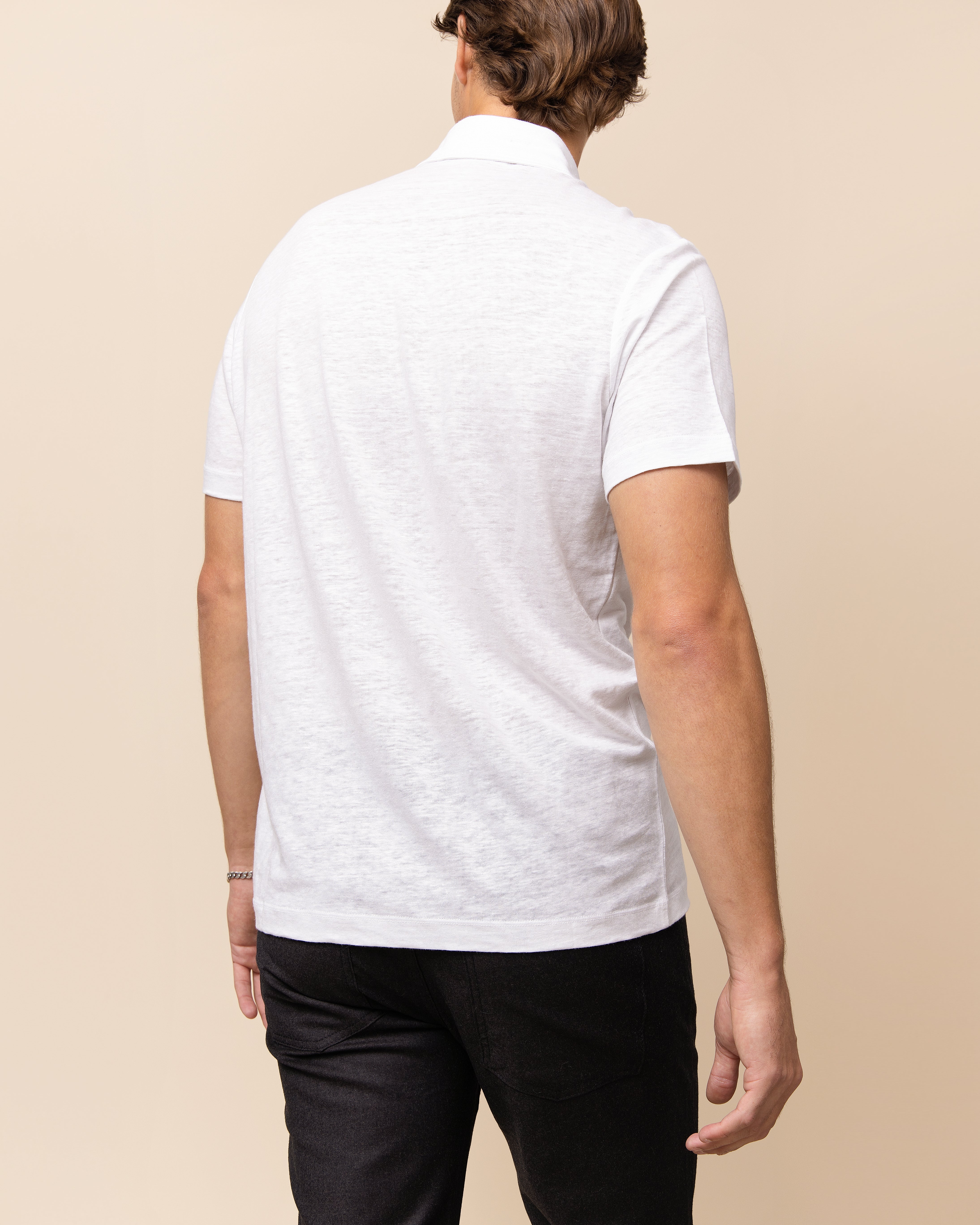 Emiliano Zapata white Italian linen polo for men, relaxed drape with clean sleeve and hem finish