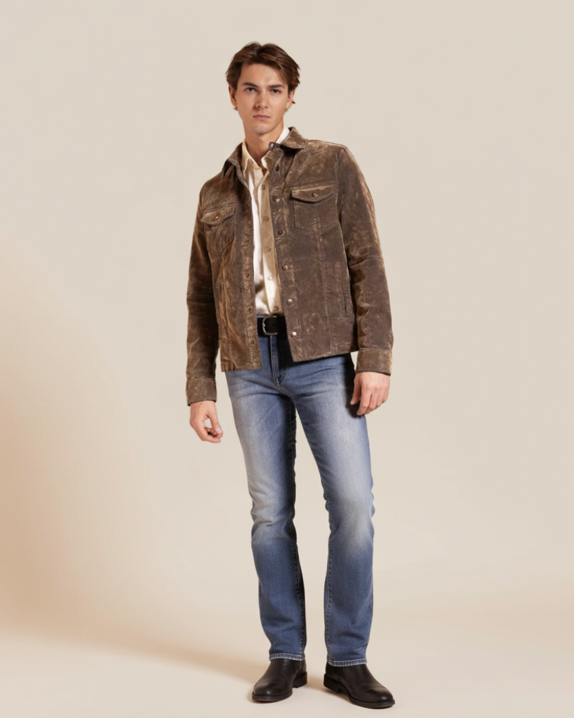 Person wearing a brown jacket and blue jeans on a beige background