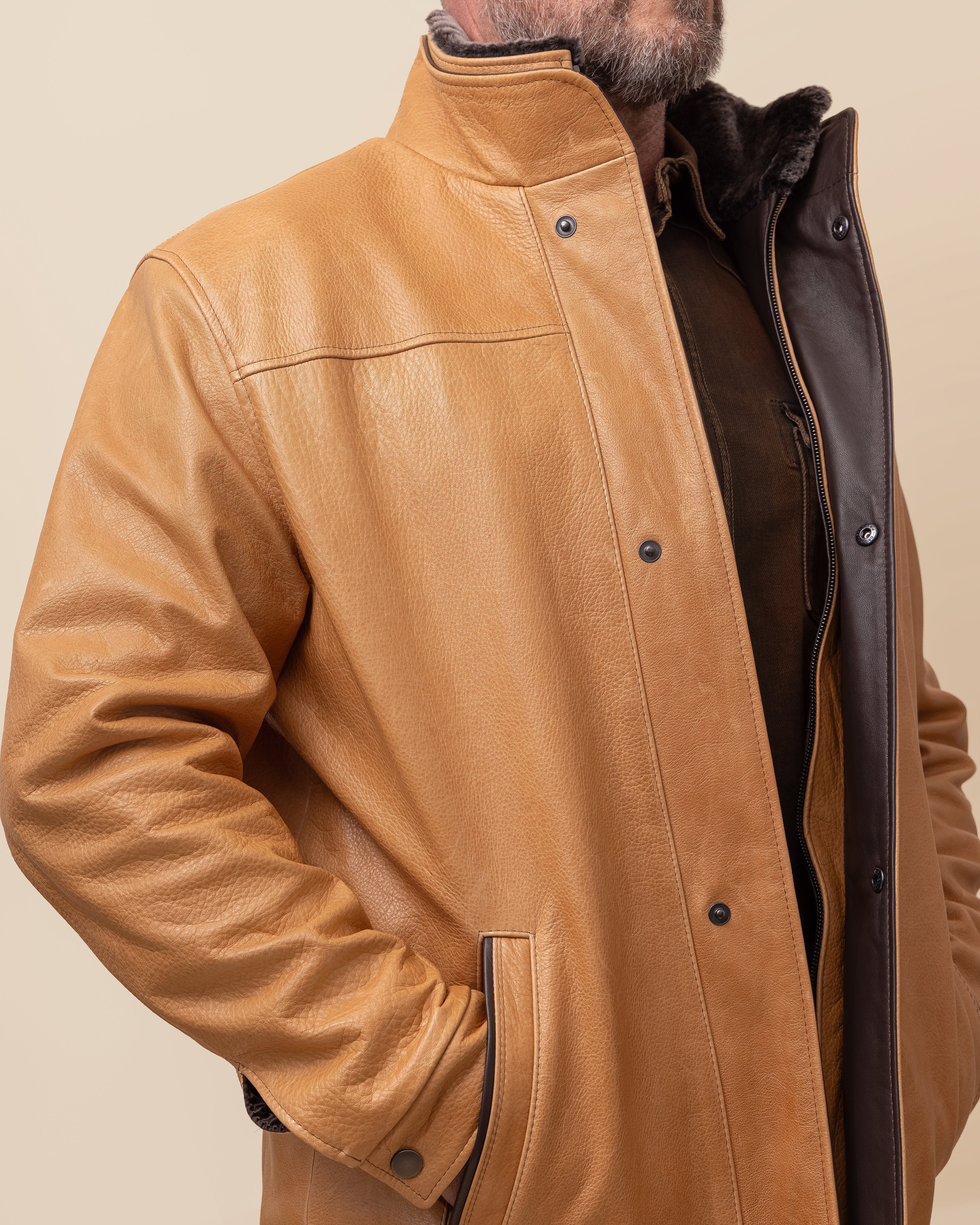 HYDE Canyon Jacket — rear view showing waxy camel cowhide shell and double collar construction, USA-made western jacket