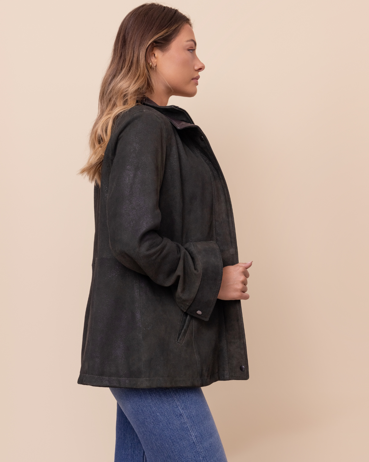 HYDE Cassia Jacket — distressed lambskin texture, angled slash pockets and tailored silhouette, Moss Rustic, 10 stitches per inch