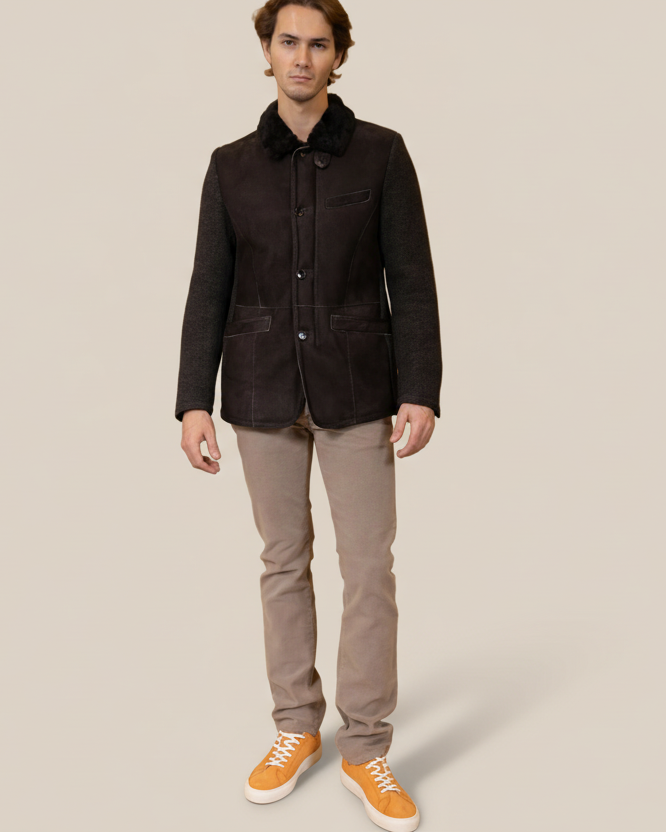 Tundra Bison Brown Spanish Shearling Coat for Men | Italian Luxury Alpine Winter Coat