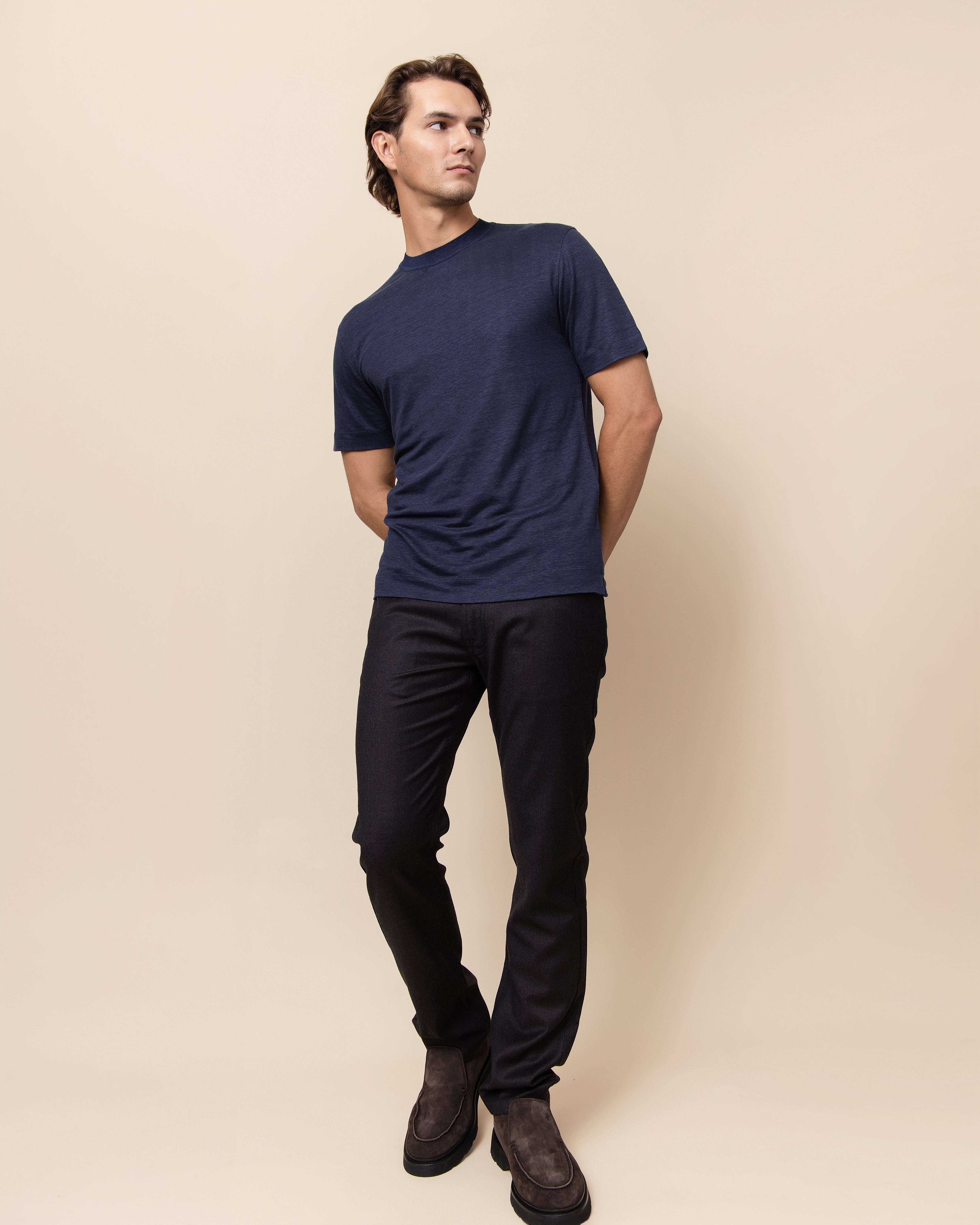 HYDE Venezia navy Italian linen crew neck tee by Emiliano Zapata, men's luxury 100% Italian linen jersey t-shirt
