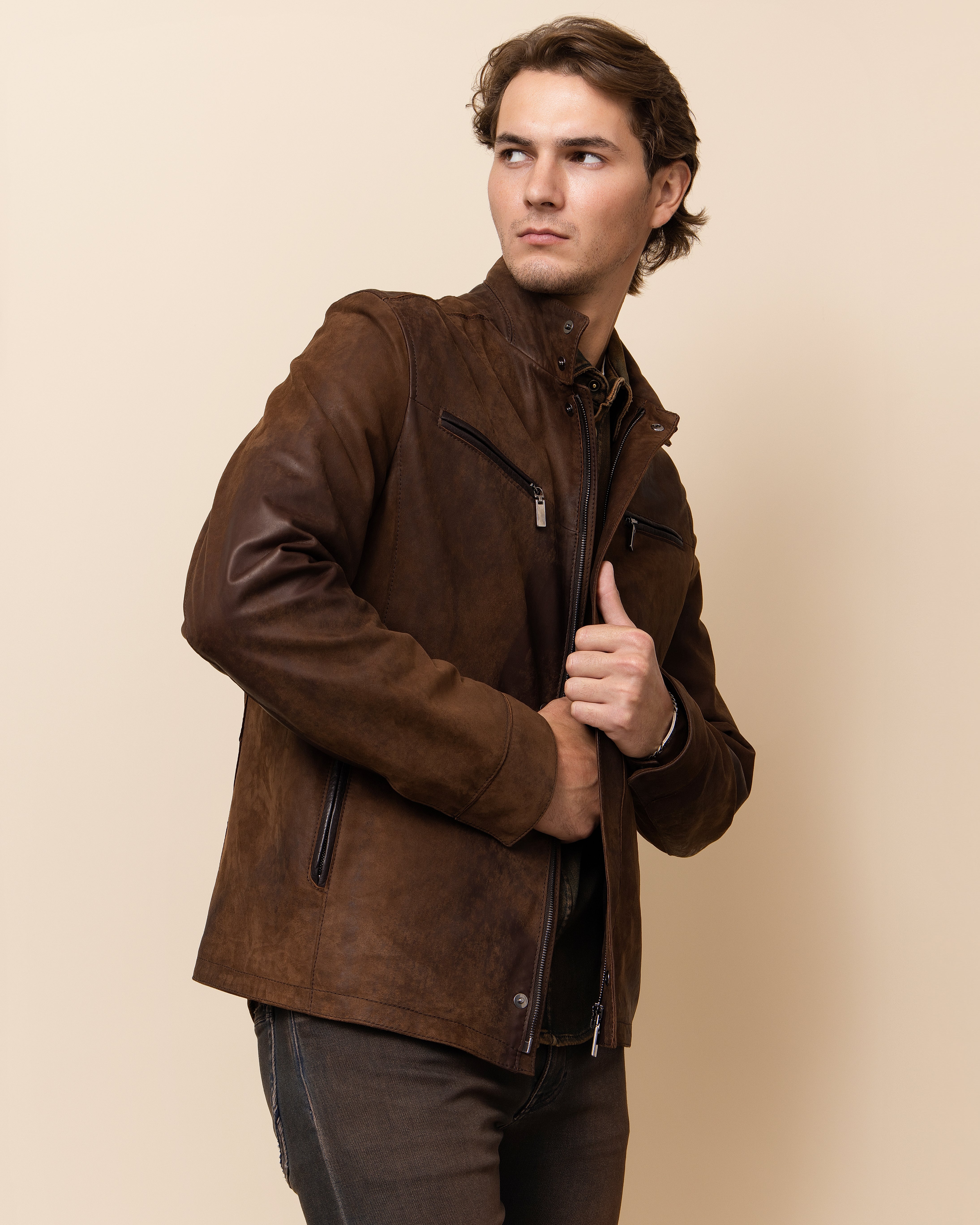 HYDE Verano Jacket, Burnished Saddle Italian lamb nubuck — stand collar with snap-tab closure and rich warm brown wax finish, made in Italy