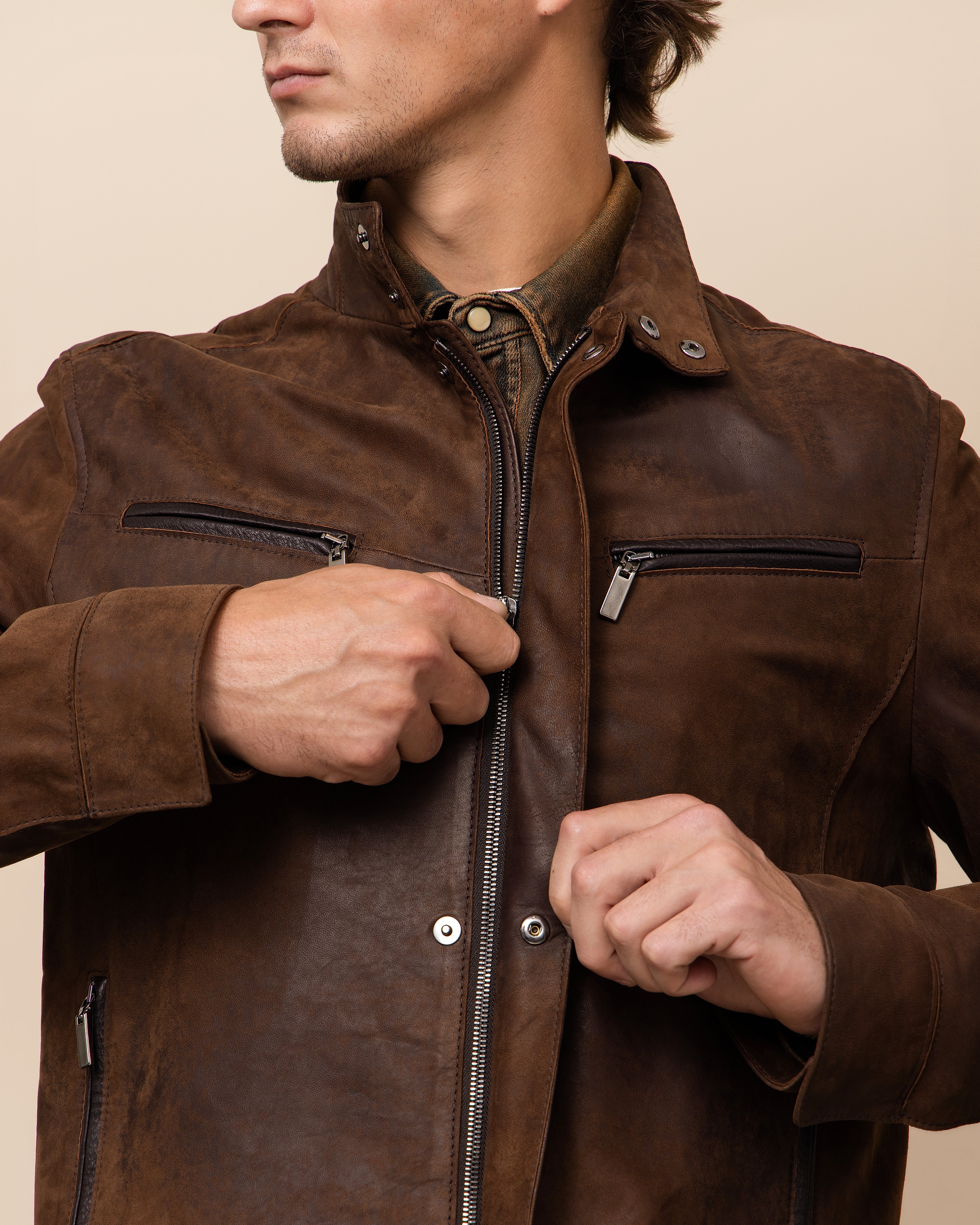 HYDE Verano Jacket in Burnished Saddle — four zip pockets, two vertical at the chest and two slanted at the hip, on Italian lamb nubuck