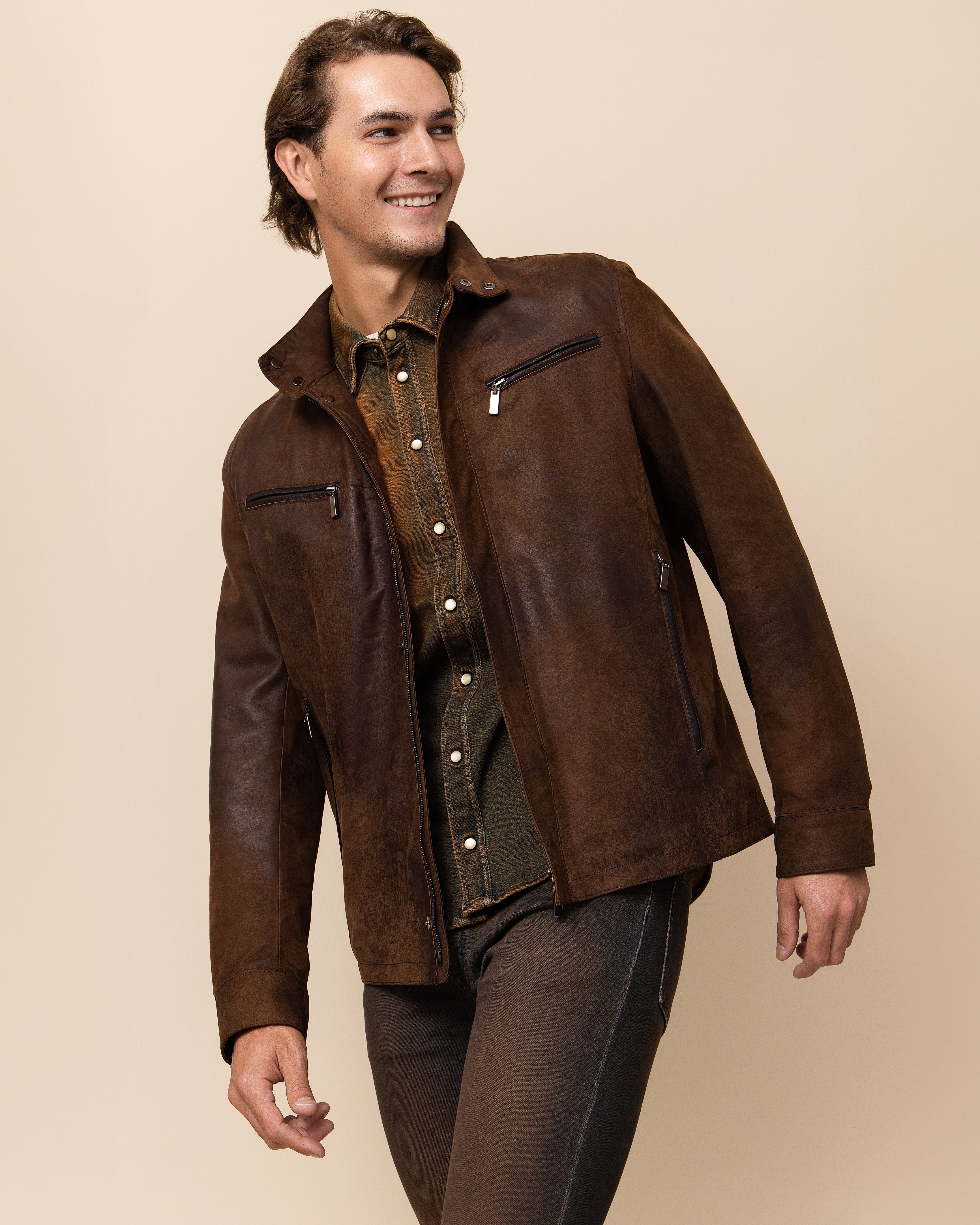 HYDE Verano Jacket in Burnished Saddle — men's Italian lamb nubuck jacket with stand collar, snap-tab closure and two-way zipper, crafted in Italy
