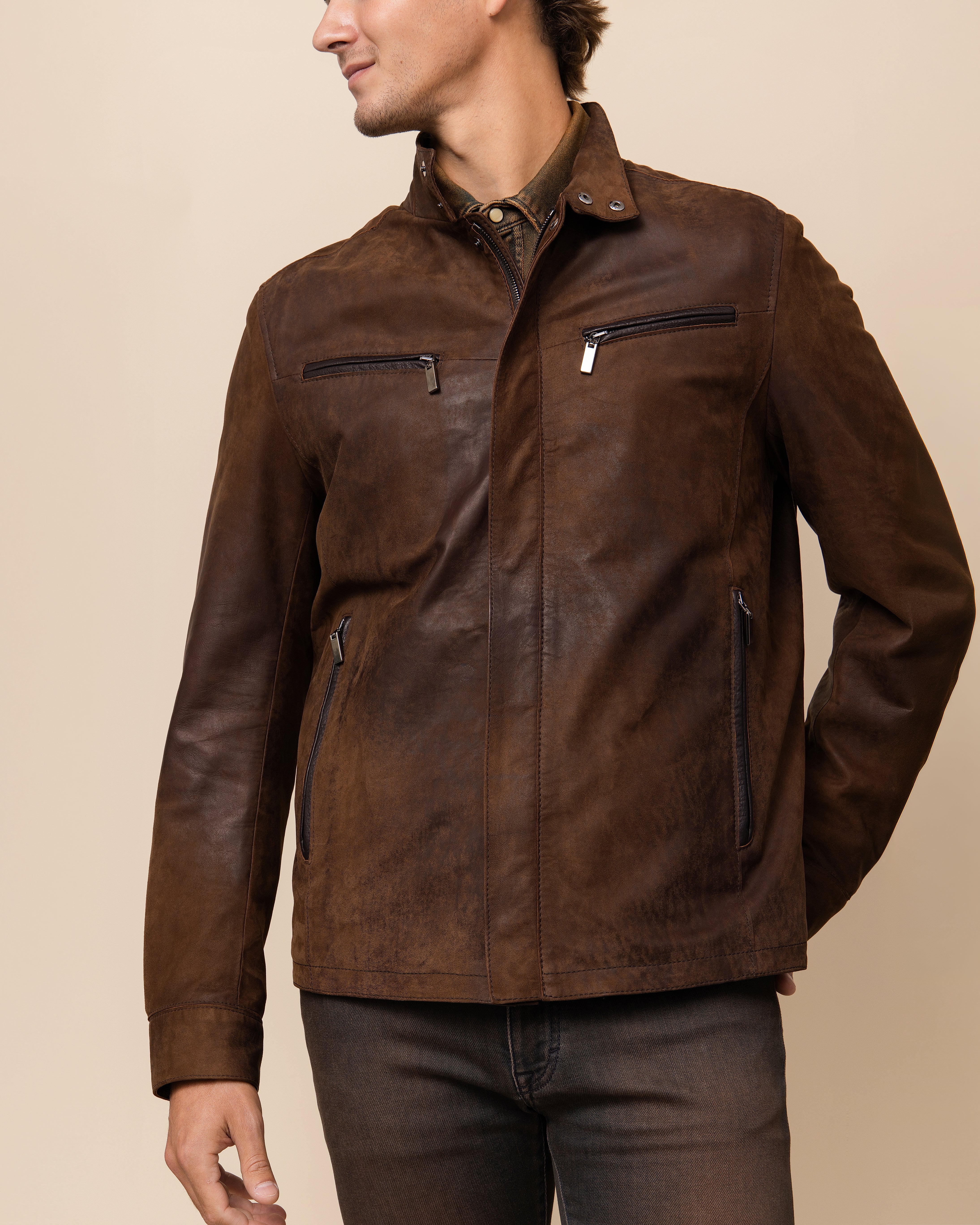 Men's HYDE Verano Jacket in Burnished Saddle lamb nubuck — lightly structured tailored silhouette with wool-blend body lining