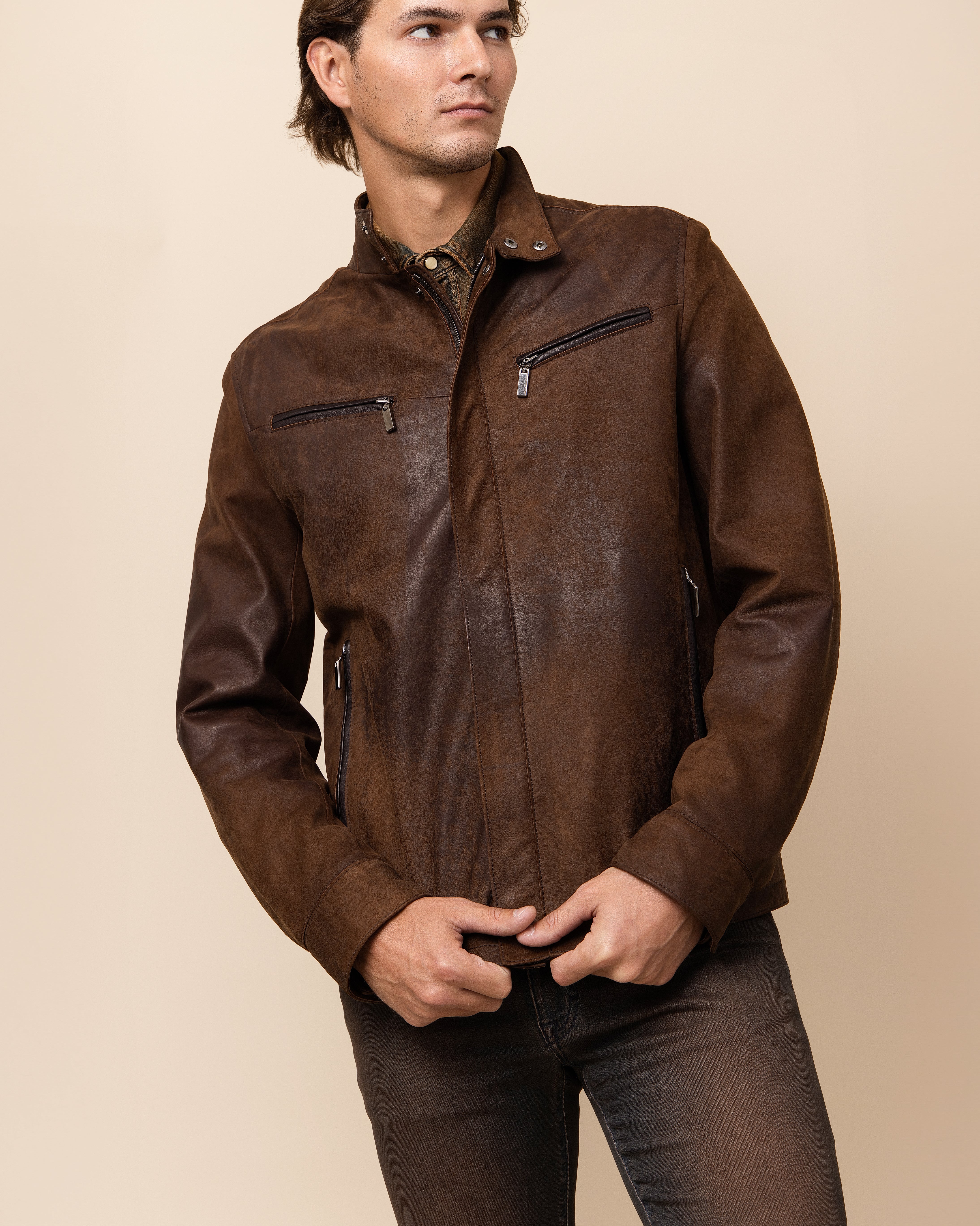 Burnished Saddle HYDE Verano jacket — hand-burnished wax finish deepening the natural grain of premium lamb nubuck