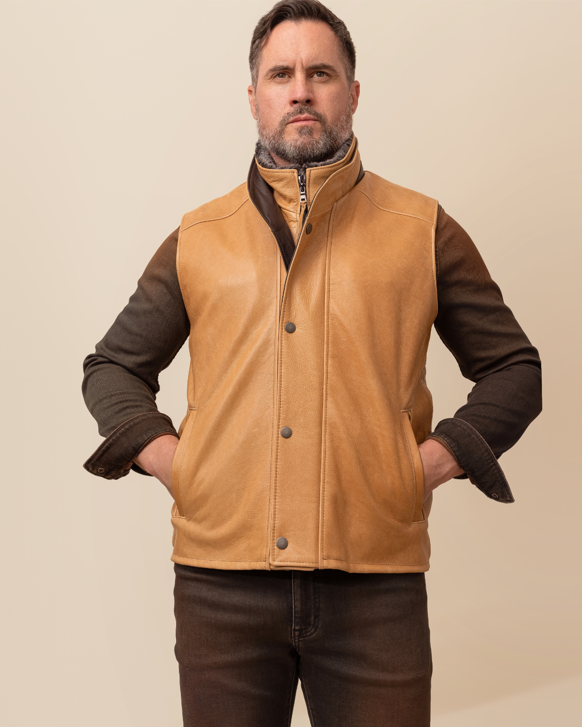 Man wearing HYDE Range Vest in Camel — waxy cowhide, grey shearling collar, tailored fit, handcrafted in Los Angeles