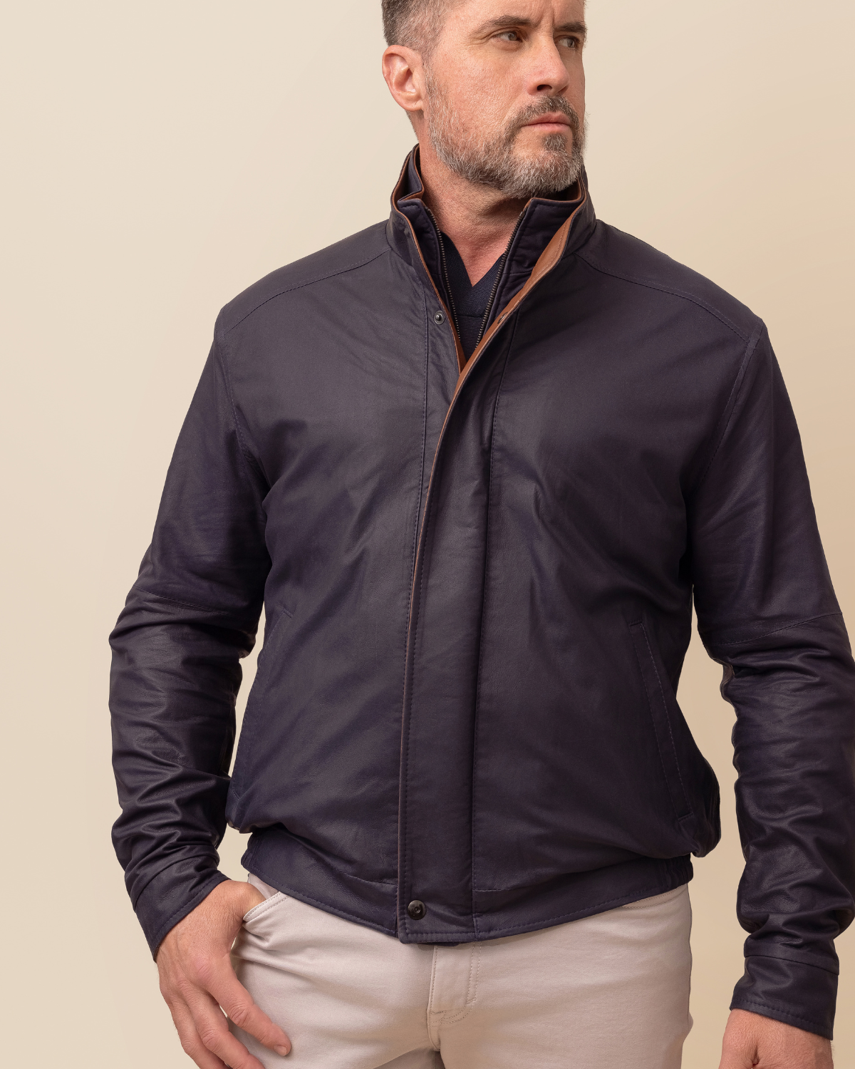 Forza Navy Italian Lambskin Leather Bomber Jacket for Men | Luxury Designer Outerwear