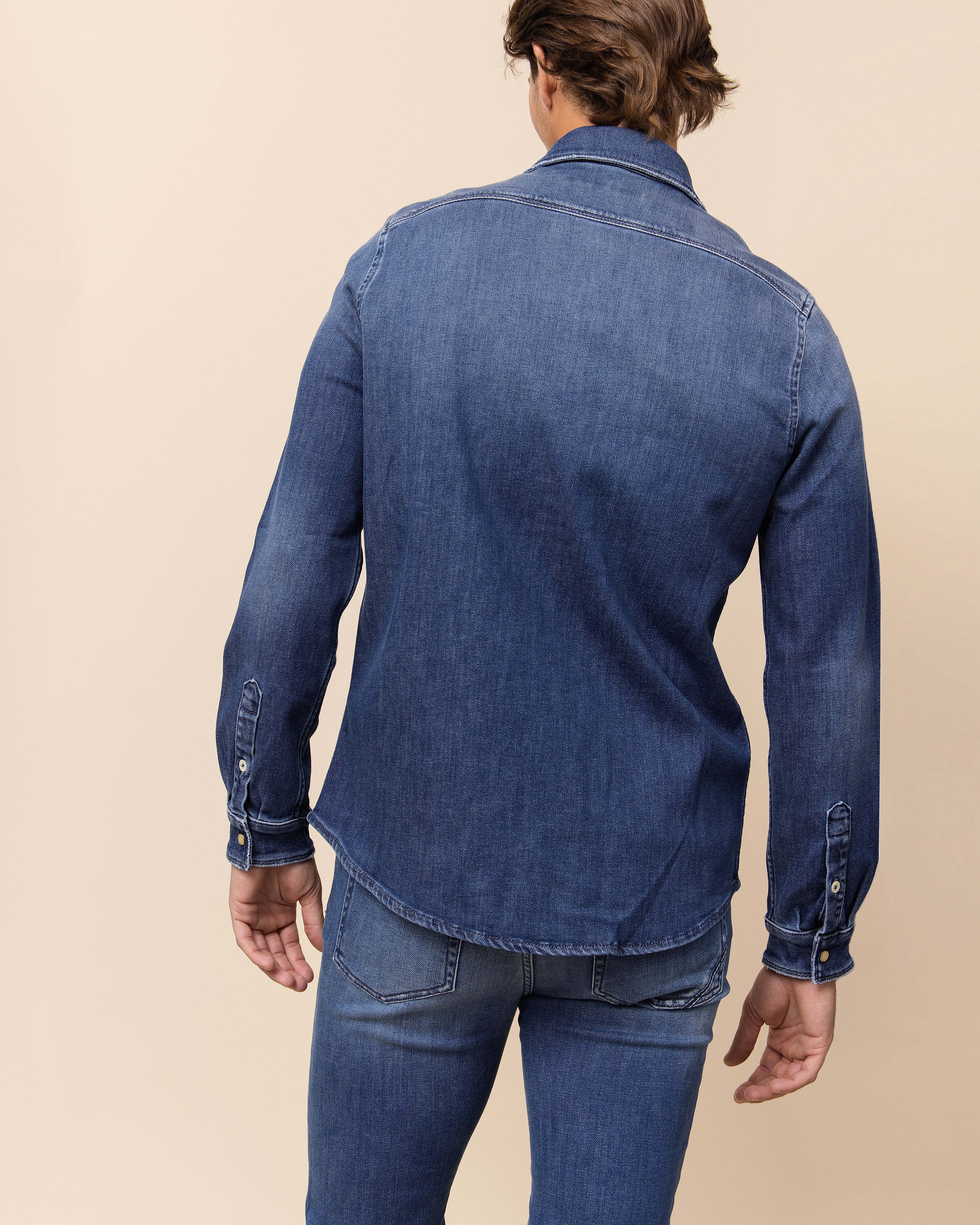 HYDE Weston western shirt in Dark Blue — antique brass snaps and classic Western spread collar on luxury Italian cotton-blend shirting