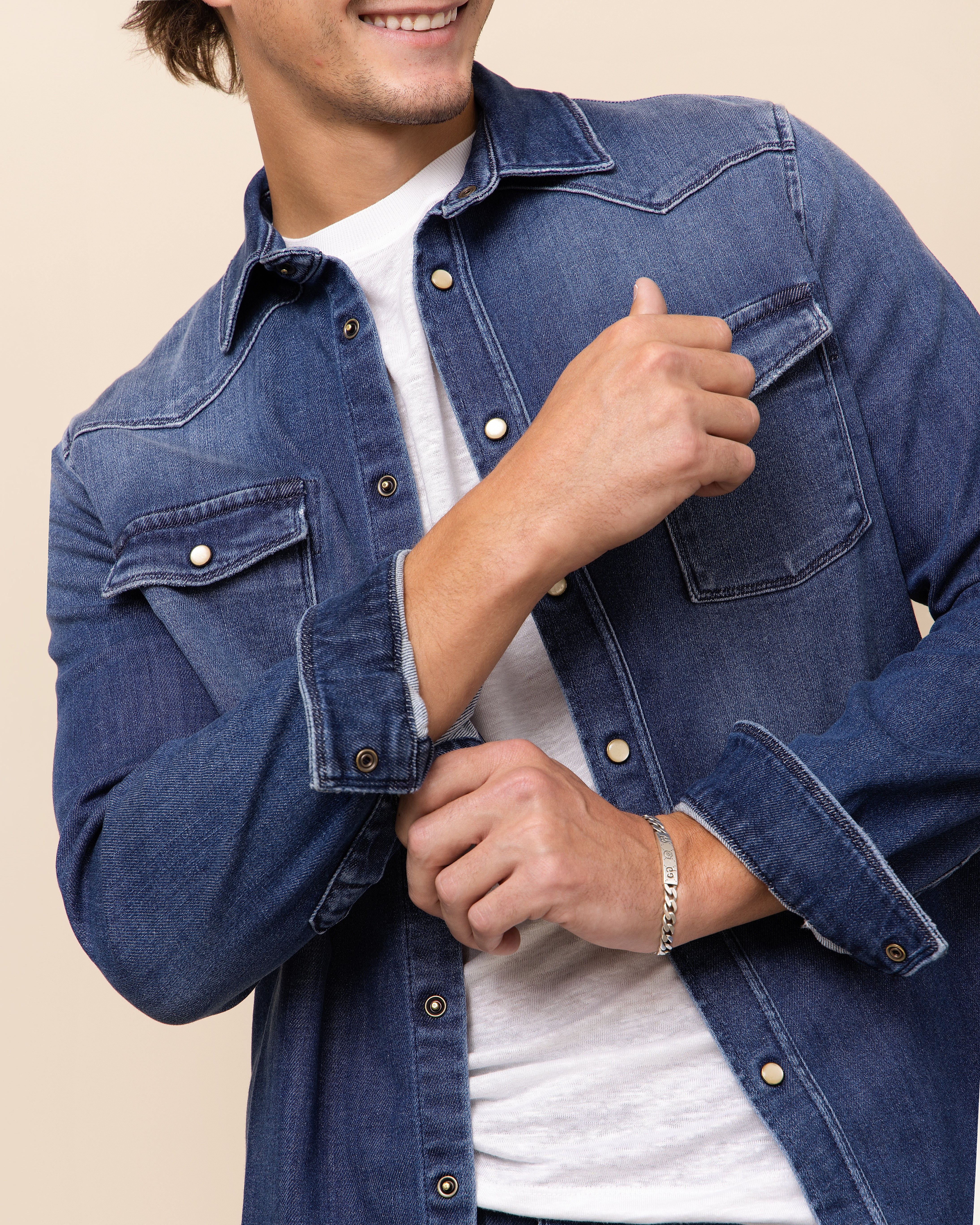 HYDE Weston Selvage Western Snap Shirt in Dark Blue — luxury men's Italian western shirt styled for elevated layering, made in Italy by Teleria Zed