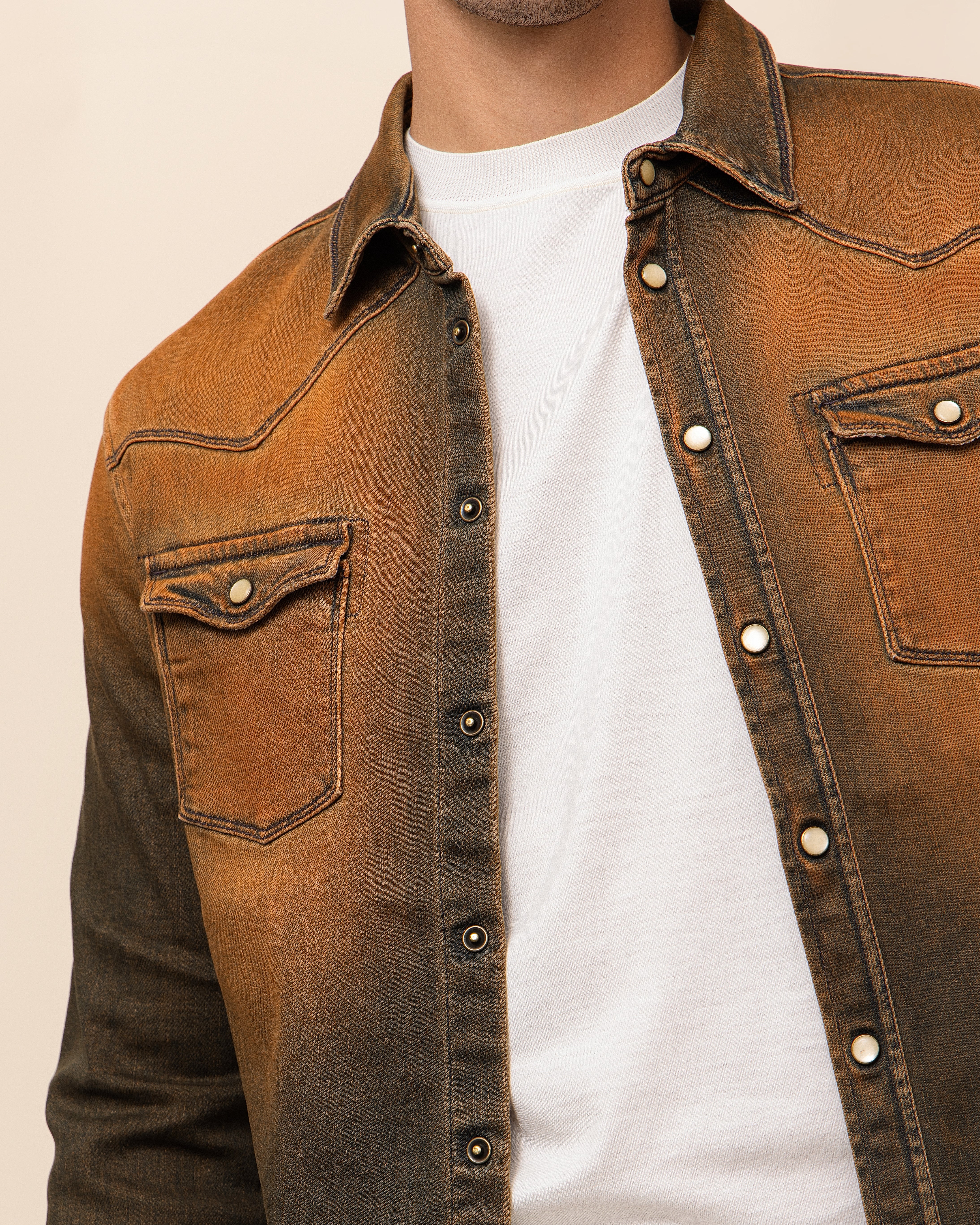 HYDE Weston Selvage snap shirt in Rhum — western yoke stitching front and back with dual snap-flap chest pockets, made in Italy