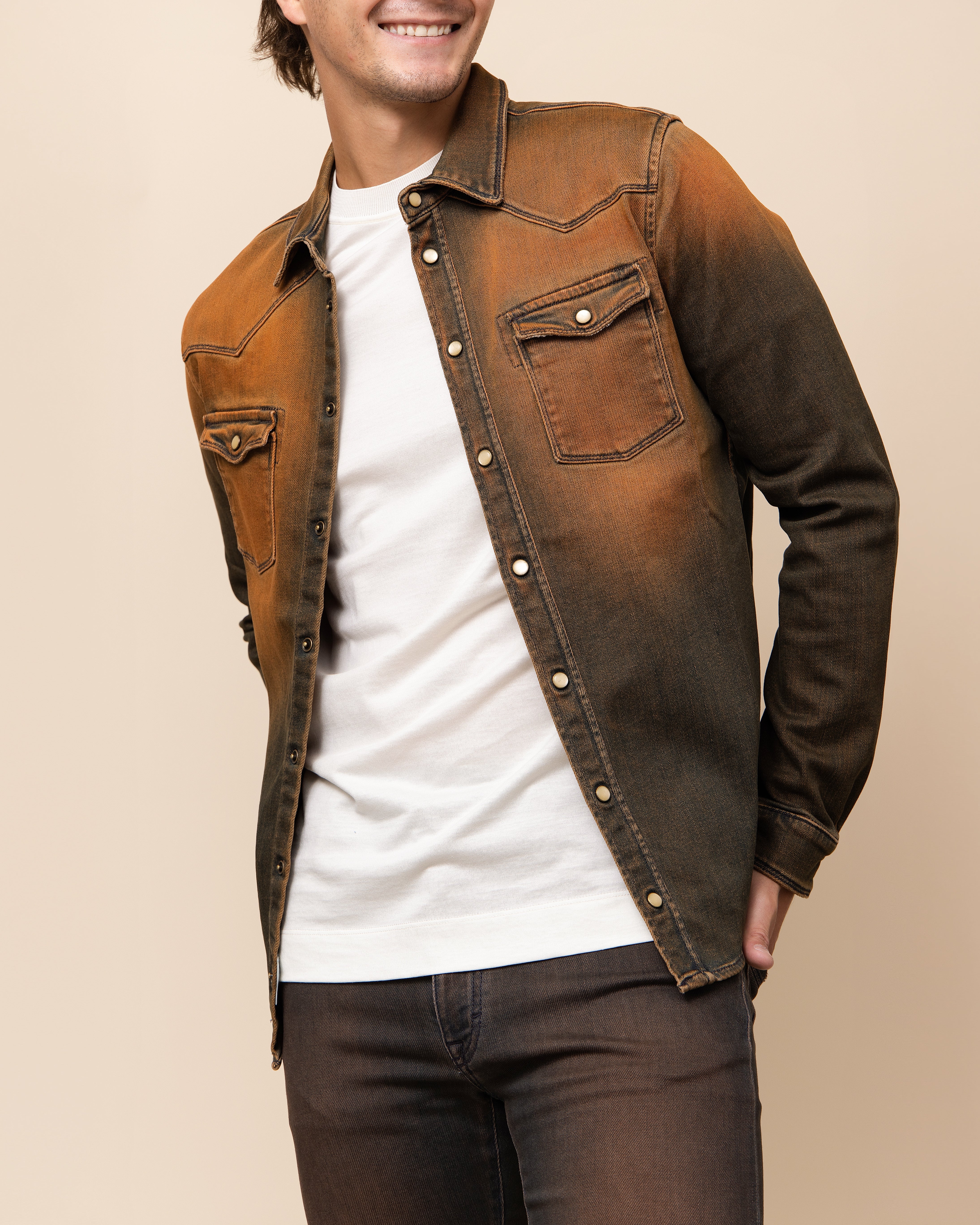 Men's HYDE Weston Selvage Western Snap Shirt in Rhum — slim Italian fit in sandblasted, overdyed APD cotton-blend