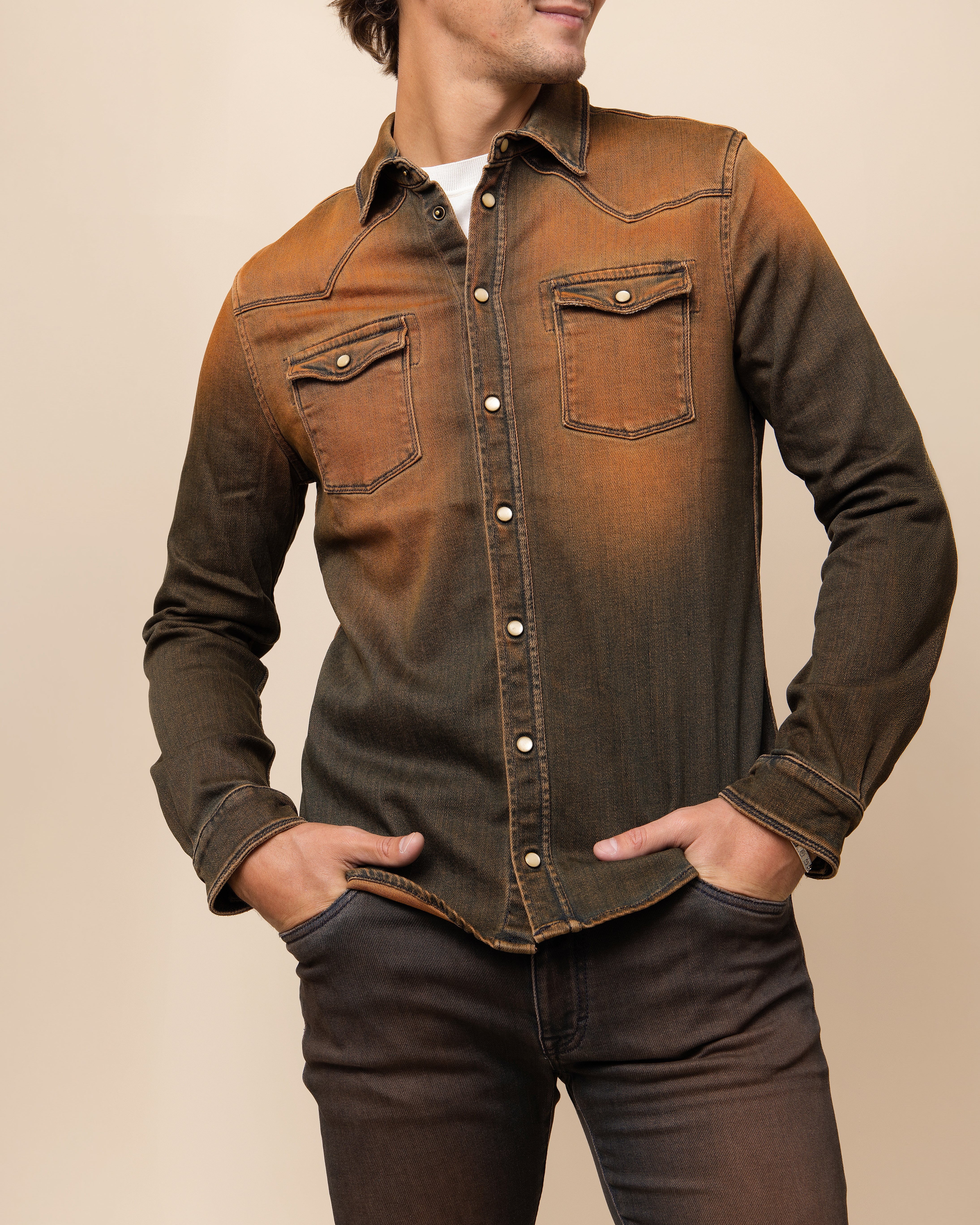 HYDE Weston Selvage Western Snap Shirt in Rhum — men's Italian APD cotton-blend western shirt with antique brass snap front, crafted by Teleria Zed