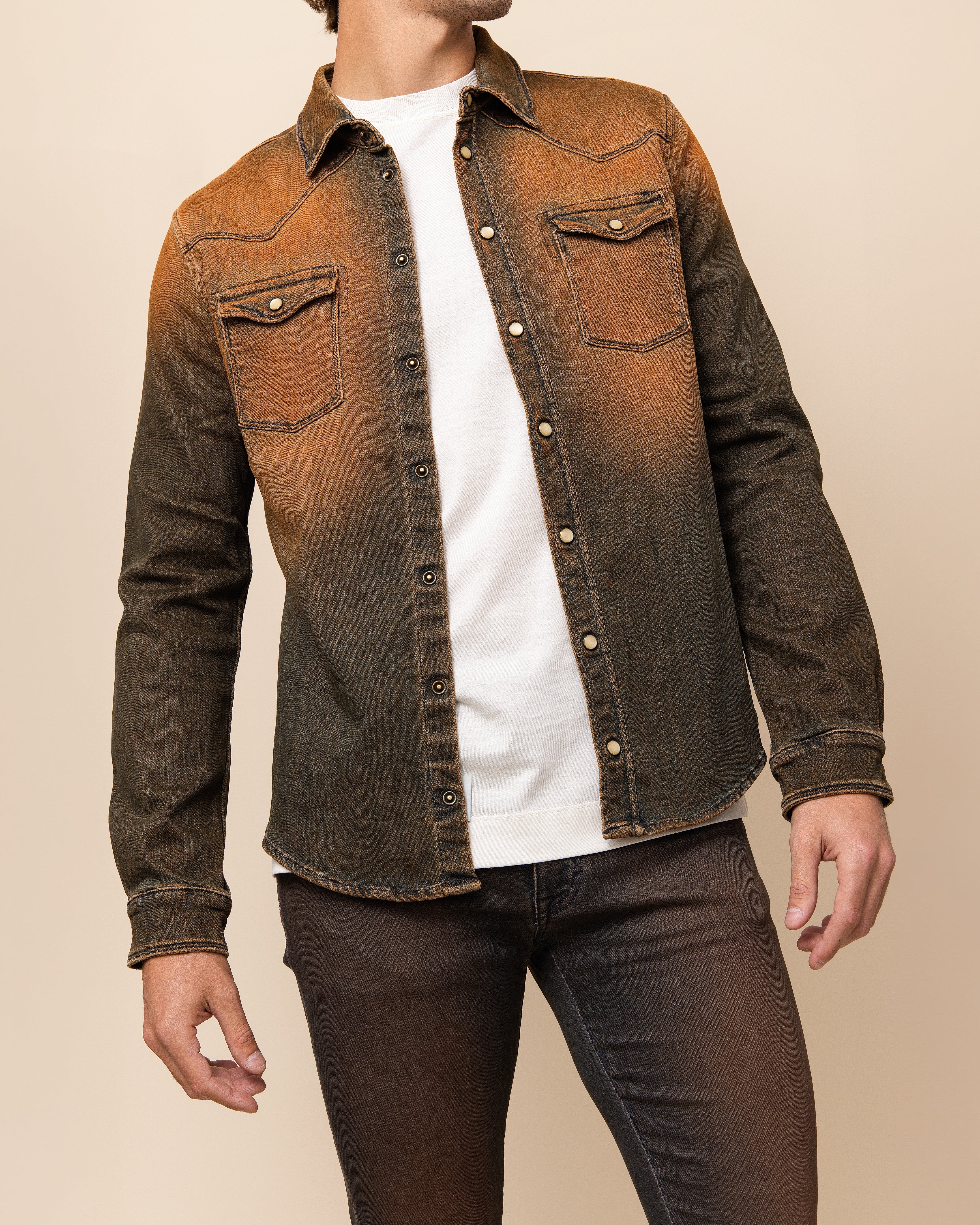 HYDE Weston western shirt in Rhum — antique brass snaps and classic Western spread collar on luxury Italian cotton-blend shirting