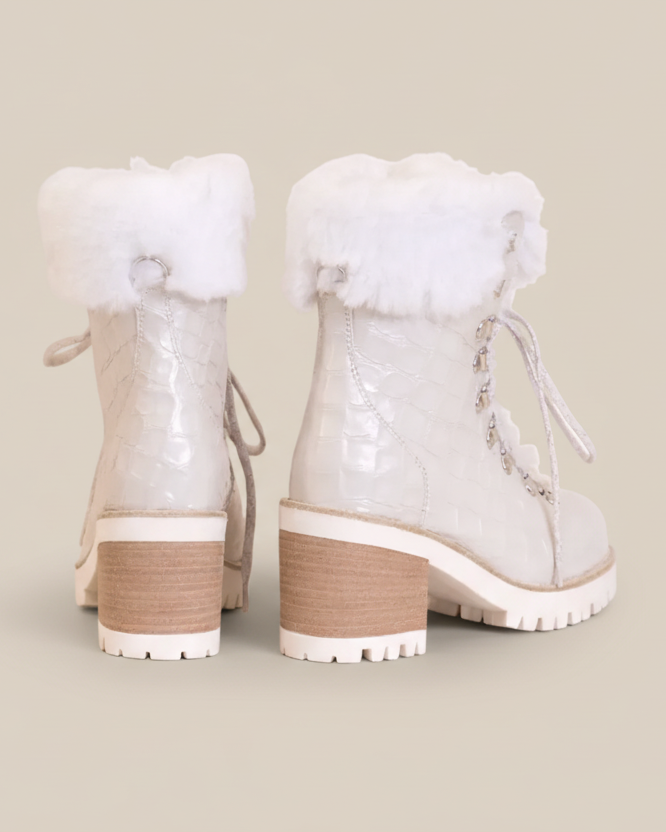 White winter boots with fur trim on a white background