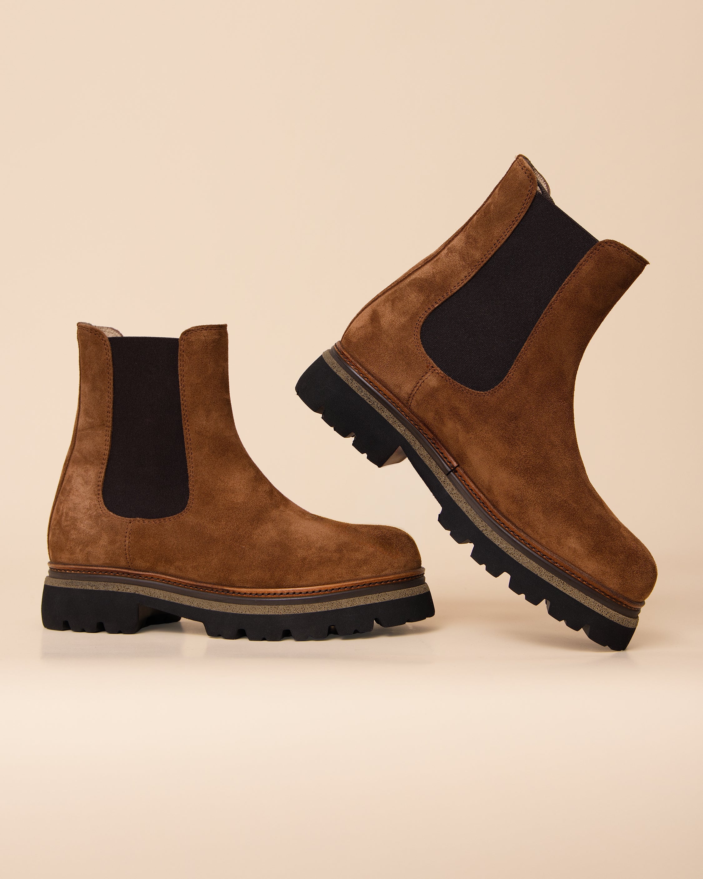 Tabacco suede Chelsea boot showing elastic gore panels and pull tab, HYDE Zoe by Calò