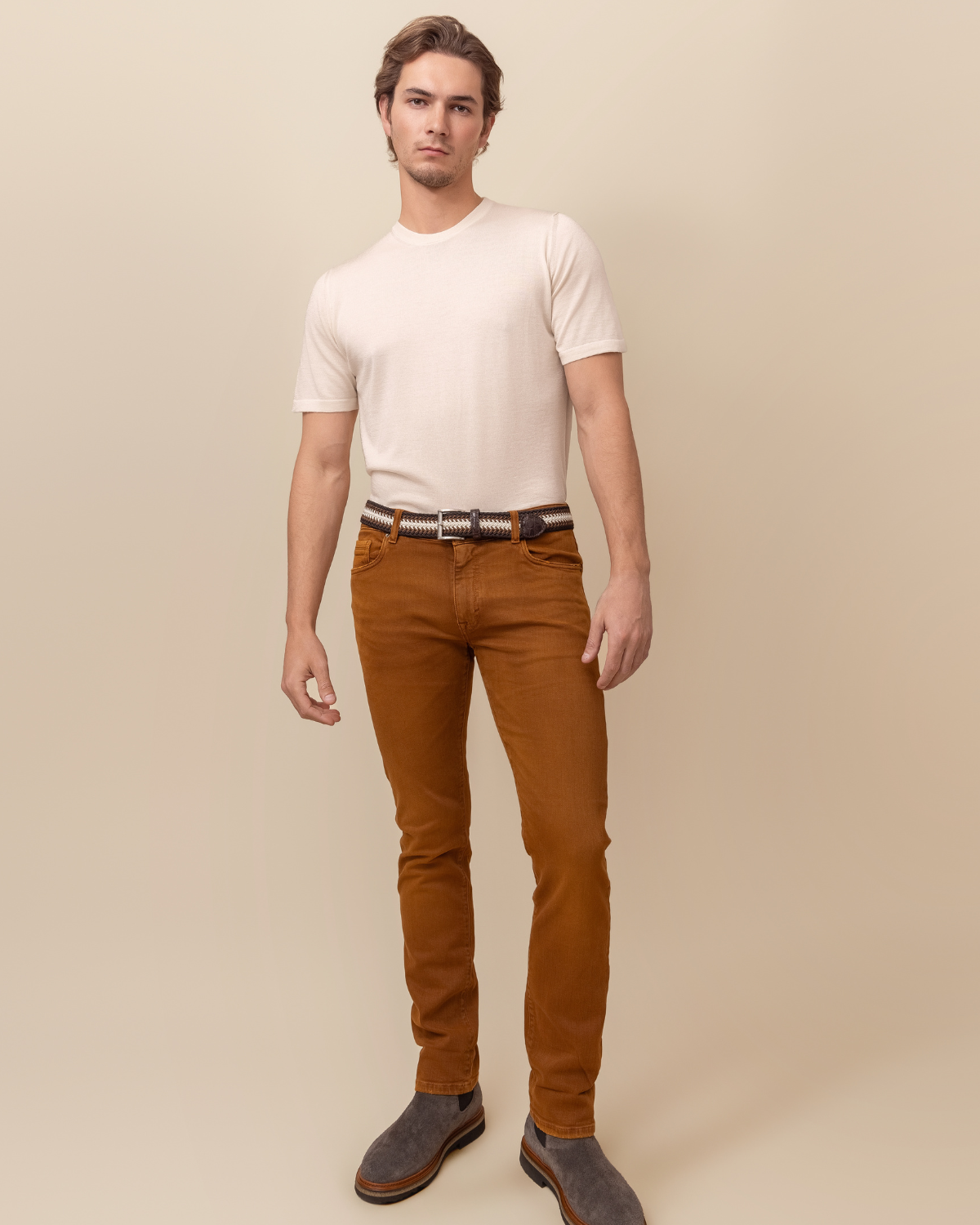 editorial styled — sizes 30–40, luxury Italian chino