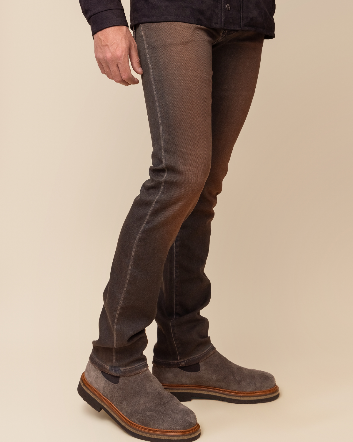 side view — mid-rise, premium selvedge construction